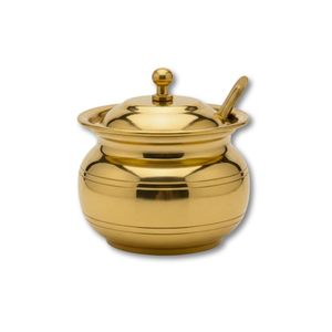 Tarro de Almacenamiento de Especias de Latón Hecho a Mano con Tapa y Cuchara, Contenedor Metálico Dorado Decorativo, Caja de Especias India para Sal y Ghee - Product Image 1