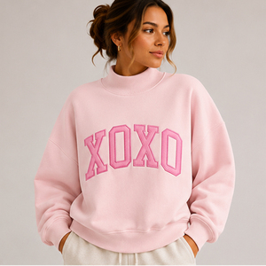 เสื้อสเวตเตอร์คอเต่าผู้หญิง สีเทา พิมพ์ลายตัวอักษร XOXO ผ้าฝ้ายผสม ถักแบบโอเวอร์ไซส์ สำหรับใส่ลำลองในฤดูใบไม้ร่วง - Product Image 5