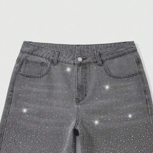 Custom Logo Printed High Waist Denim <b>Shorts</b> Heavyweight 100% Cotton Denim Fabric Rhinestone High Waist Denim <b>Shorts</b> Streetwear - Product Image 3