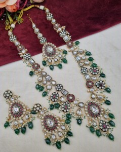 Royal Long Kundan Stone <b>Necklace</b> Set With Earrings And Mangtika For Wedding Reception Festive Wear Ethnic Jewellery Manufacturer - Product Image 1