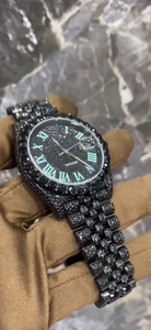 Full Iced Out Black Diamond <b>Watch</b> Round Luxury Date Display Wristwatch with Luminous Roman Numerals Hip Hop Bling Jewelry - Product Image 3