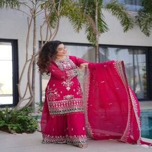 VASTRA COTTAGE Elegante Conjunto de Traje Palazzo de Georgette Bordado con Lentejuelas y Dupatta, Colección de Diseñador para Fiesta, para Mujer - Product Image 4