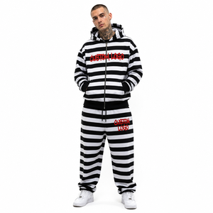 Ensemble de survêtement rayé noir pour homme avec étiquette personnalisée, en coton épais 100 %, comprenant un sweat à capuche zippé oversize et un pantalon de survêtement ample 2026 - Product Image 1