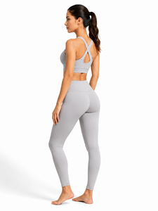 Ensemble de yoga noir 2 pièces : Crop top dos nageur à col ras du cou et Legging taille haute longueur intégrale, avec surpiqûres contrastées, sans coutures, écologique - Product Image 2