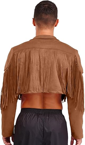 High Quality <b>Brown</b> Genuine <b>Leather</b> Fringe <b>Jacket</b> for <b>Men</b> Vintage Western Cowboy Tassel Coat Open Front Outerwear Regular Sleeve - Product Image 2