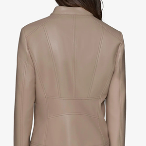 <b>Women's</b> Beige Genuine <b>Leather</b> <b>Jacket</b> Stand Collar Zipper Front <b>Moto</b> Biker Racer Coat - Product Image 4