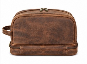 Sac de voyage en cuir véritable Premium Gravs avec fermeture éclair, double compartiment, style vintage, écologique, durable, poignée souple, pour cosmétiques - Product Image 3