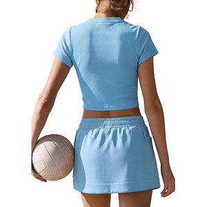 2 Piece Casual Activewear Set Crop Top <b>Elastic</b> Waist Shirt Skorts <b>Skirt</b> 100% Cotton Breathable 2026 - Product Image 2