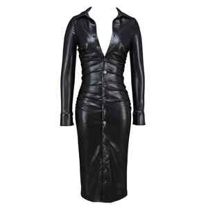 Robe midi élégante en cuir vegan noir à manches longues pour femme, coupe ajustée, tenue en similicuir pour soirée, bar, club - Product Image 6