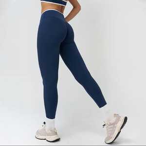 High Waist Leggings With White Stripe Seamless Knitted Sporty Full Length Women's Yoga Pants Compression <b>Tummy</b> <b>Control</b> - Product Image 3