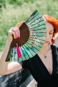 Handmade Wood Floral Painted Folding <b>Fan</b> <b>Pink</b> Tassel Green Nature Design Modern Art Collectible Decor Khadim Handicrafts KH-7906 - Product Image 3