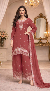Salwar Kameez Rojo de Algodón para Mujer con Bordado, Corte Holgado, Largo hasta el Tobillo, Ropa Tradicional India y Pakistaní para Bodas - Product Image 3
