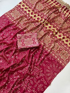 Sari en crêpe de soie Royal Bandhani avec broderie miroir, Sari Premium Bandhej brodé de miroirs, Sari en crêpe de soie de créateur Bandhani - Product Image 3