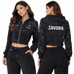 เสื้อฮู้ดครอปซิปสำหรับผู้หญิง ผ้าฝ้ายฟลีซ ลายเพชรเต็มตัว สไตล์สตรีทแวร์ มีเชือกผูก ฮู้ดแบบครอปท็อป เสื้อผ้ากีฬา - Product Image 1