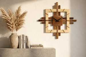 Handmade Artisan Crafted Solid Wood Wall <b>Clock</b> | Two-Tone Layered Walnut Timepiece | Wooden Sculpture | Square Sunburst Design - Product Image 5