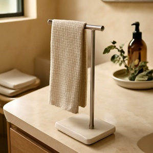 Porte-serviettes de luxe sur pied avec base en marbre et barre en acier inoxydable, support de serviettes de toilette moderne pour comptoir, neuf - Product Image 1