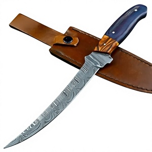 Cuchillo de filetear BA Enterprises de acero de Damasco, hoja de 11 pulgadas con punta de caída dentada, mango de madera de grado industrial y funda de cuero, 1 año de garantía - Product Image 1