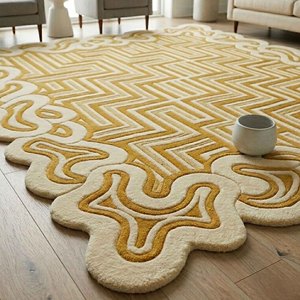 Tapis géométrique moderne crème et or, tufté, rectangulaire, antidérapant, en laine, pour salon, tapis moelleux et doux, décoration intérieure - Product Image 4