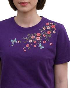 เสื้อยืดพิมพ์ลายผีเสื้อสีม่วงสำหรับผู้หญิง ผ้าฝ้ายเนื้อนุ่ม คอกลม แขนสั้นลำลอง เสื้อฤดูร้อนน้ำหนักเบา สวมใส่สบาย - Product Image 5