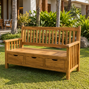Banc de jardin en teck avec 3 tiroirs de rangement, dossier à lattes et accoudoirs pour terrasse, hôtel, complexe hôtelier - Product Image 1