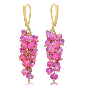 925 Sterling Silver <b>Opal</b> Beaded Cluster Dangle <b>Earrings</b> Gold Plated Pink Drop Jewelry for Women Party Wedding - Product Image 1