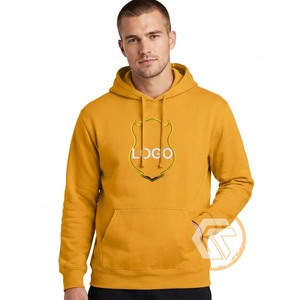 Men's Mustard Yellow <b>Hooded</b> <b>Fleece</b> Sweatshirt With Front Logo Print Regular Fit Casual Autumn Wear Iota | Phi - Product Image 1