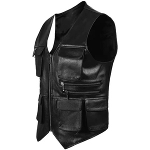 Men's Plus Size Moto Biker Vest V-Neck Solid Color Zipper Pocket Outerwear Regular Length Single Breasted Polyester - Product Image 5