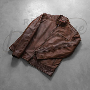 เสื้อแจ็คเก็ตหนังแกะแท้สีน้ำตาลทรงคาเฟ่เรเซอร์สำหรับผู้ชาย ทรงเข้ารูป สวมใส่สบาย เหมาะสำหรับฤดูใบไม้ร่วงและฤดูหนาว  คอปกติดกระดุม  แบบลำลอง - Product Image 2