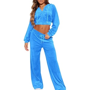 Wholesale Track Suit For Women Sexy Clubwear Breathable Baggy Joggers Set Crop Top Womens Zip Up <b>Velour</b> Velvet <b>Tracksuits</b> Set - Product Image 1
