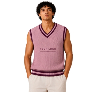 Gilet pull sans manches en tricot pour homme, rose poudré avec rayures contrastées prune, col en V, personnalisable avec logo, en laine et acrylique, OEM - Product Image 1