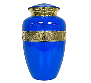 Urne funéraire en laiton poli gravé bleu pour cendres humaines adultes, style américain/européen - Product Image 1