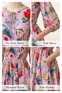 Pink Floral Carry Print Cotton Dress Dori Neck Long Length with Side Pockets Women Casual Hand Block Print Handmade Masterpiece - Product Image 6