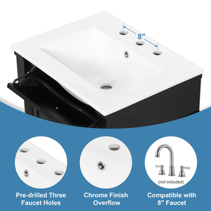 Mobile Bagno Nero da 24 Pollici con Lavabo, Cassetto Ribaltabile, Ripiano Regolabile in Legno Massello di Gomma, Qualità Premium - Product Image 5