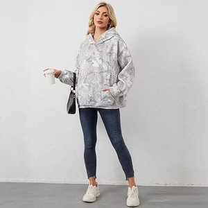European American New <b>Women's</b> Casual Plus Size Long Printed Solid Kangaroo Pocket Hooded <b>Fleece</b> Autumn - Product Image 4