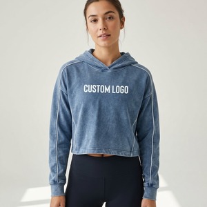Sudadera Corta de Algodón con Capucha Azul para Mujer, de Manga Larga, Estilo Deportivo de Invierno, Bordada, OEM, Tejida, Talla Grande, la Más Vendida - Product Image 1