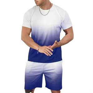Conjunto de Camiseta y Pantalones Cortos de Algodón 100% Tejido con Degradado Blanco y Azul para Hombre, Diseño Degradado, Ligero, Transpirable, Informal, de Verano, Dos Piezas - Product Image 1