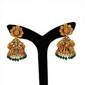 Antique 22k Solid Gold Temple Jhumka Drop <b>Earrings</b> Handcrafted Lakshmi Motif with <b>Green</b> Emeralds and Natural Pearls for Wedding - Product Image 1