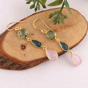 Designer pink chalcedony & quartz <b>hook</b> <b>earrings</b> handmade multiple shape bezel set gemstone drop dangle fashion briolette jewelry - Product Image 3