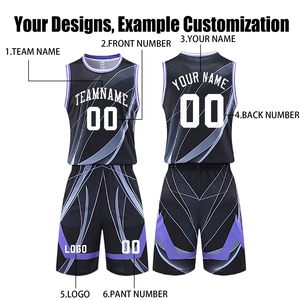 Conjunto de Uniforme de Baloncesto Sublimado Personalizado, Negro y Morado, Nombre del Equipo, Número, Ropa Deportiva Transpirable, Unisex para Adultos - Product Image 3