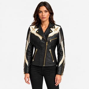 Leather Fringe Motorcycle <b>Jacket</b> for Women Black <b>Western</b> Biker with Embroidery Gold Hardware & Long Fringe Breathable Winter - Product Image 1
