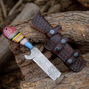 Hand Forged Damascus Steel Western Cowboy Bull Cutter Knife with Leather Sheath OEM ODM Available Razor Sharp Western Knives - Product Image 1