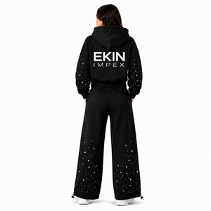 EKIN IMPEX Conjunto de Sudadera Premium de Peso Pesado con Estrellas de Diamantes de Imitación Negros, 2 Piezas: Sudadera con Capucha Corta de Corte Holgado y Dobladillo Ajustable con Cierre de Cordón - Product Image 4
