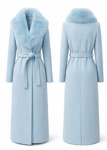 Veste de moto en laine bleue pour femme, col en fourrure, ceinture, design long pour l'hiver, doublure en coton respirante - Vêtement d'hiver minimaliste et formel - Product Image 2