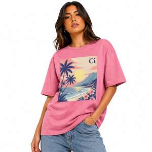 Pink Graphic Print Oversized Tee Crewneck women's shirt Short Sleeve Custom Embroidery OEM 100% Cotton Summer Boutique Everyday - Product Image 2