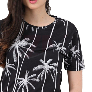 เสื้อยืดแขนสั้นคอกลมพิมพ์ลายต้นปาล์มสีขาวดำสำหรับผู้หญิงสไตล์ลำลองสวมใส่ได้ในฤดูใบไม้ผลิฤดูร้อน - Product Image 5
