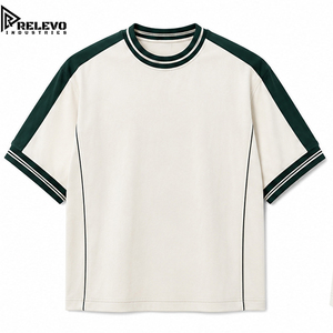T-shirt Premium Homme Blanc et Vert Forêt avec Panneau Contrastant aux Épaules, Col Côtelé Rayé, Coupe Oversize, 100% Coton Lavé - Product Image 1