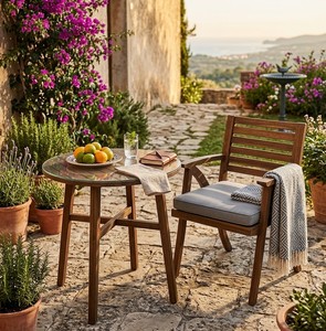Mesa de teca para exteriores con tapa de vidrio templado, estilo mediterráneo, estructura de madera resistente para uso en patio. - Product Image 1