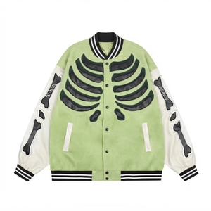 green skeleton varsity <b>jacket</b> <b>mens</b> <b>leather</b> sleeve bone embroidery vintage streetwear wool bomber unisex outer wear oversized - Product Image 1