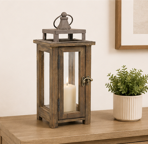 Rustic Wooden Candle <b>Lantern</b> with Metal Top and Glass Panels - Distressed Vintage Decorative <b>Hurricane</b> <b>Lantern</b> Lowest Price - Product Image 2