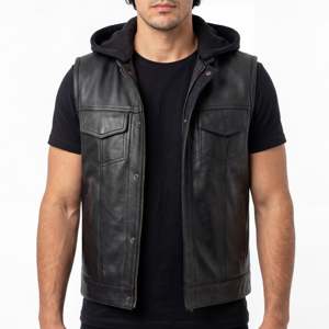 <b>Men's</b> <b>Black</b> Genuine Leather Casual Lace Spring Moto <b>Vest</b> Zipper Closure Plus Size Regular Fit Solid Color Outerwear - Product Image 1